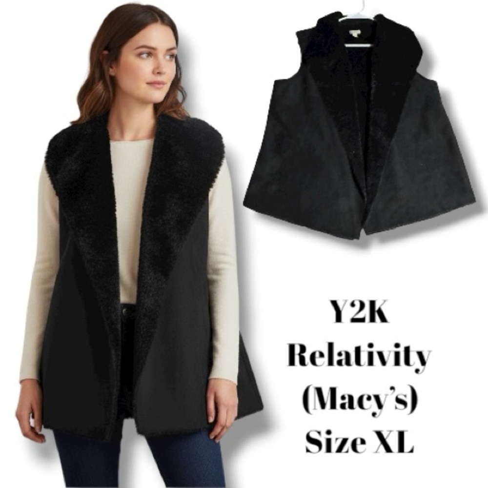 Relativity Macy’s Exclusive Y2K Black Faux Suede & Fur Vest Dark Academia XL